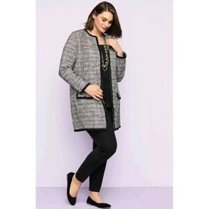 Talbots Tweed Long Blazer Coat Black White Pockets Buttons Size XS Workwear